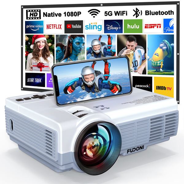 Projector with WiFi and Bluetooth,5G WiFi 9000L Native 1080P Video Projector, FUDONI Portable Movie Projector,Compatible with TV Stick, Smartphone, Tablet, PC,HDMI,VGA,USB,AV (Shipment from FBA)