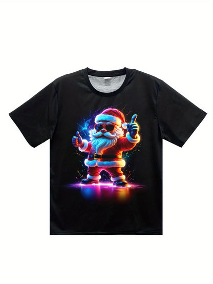 Men's 3D Printed Santa Claus T-shirt - Casual Round Neck Short Sleeved, Breathable Polyester Fiber, Suitable For Summer And Christmas Parties