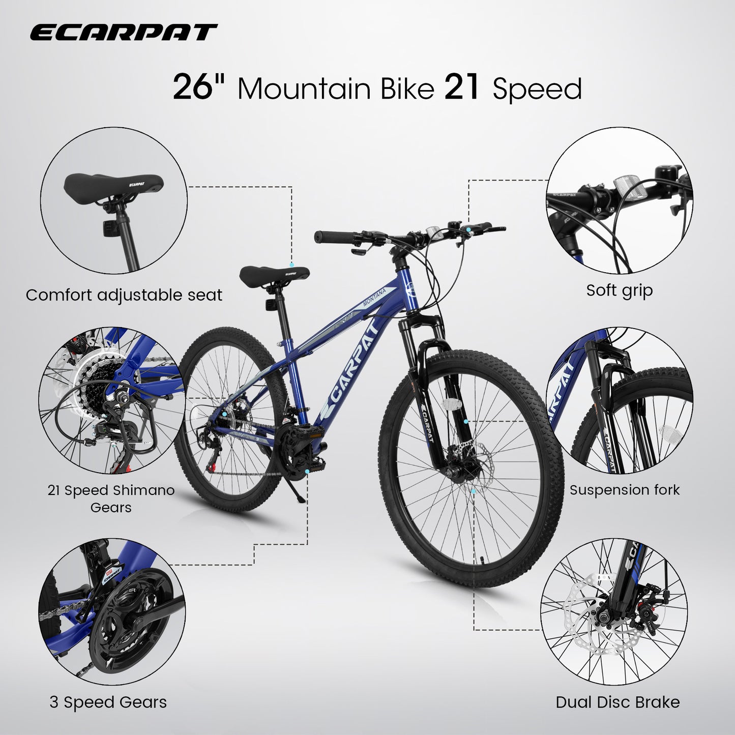 A2610 26 inch Mountain Bike 21 Speeds, Suspension Fork, Steel Frame Disc-Brake for Men Women Bicycle Adlut Bike