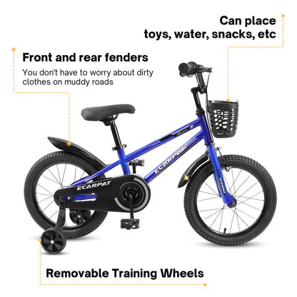 C16111A-Kids Bike 14 inch for Boys & Girls with Training Wheels, Freestyle Kids' Bicycle with Bell,Basket and fender.