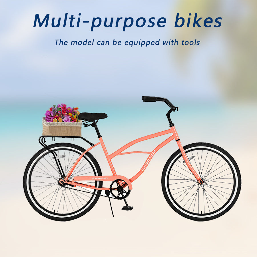 HARMI Multifunction 26 Inch Beach Cruiser Bike for Men and Women, Steel Frame, Single Speed Drivetrain, Upright Comfortable Rides, Multiple Colors