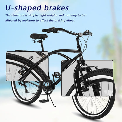 Multifunction 26 Inch 7 Speed Bike, Steel Frame, Upright Comfortable Seat, U-brake, Multi-function Rear Rack, Multicolor, Beach Bikes For Men And Women