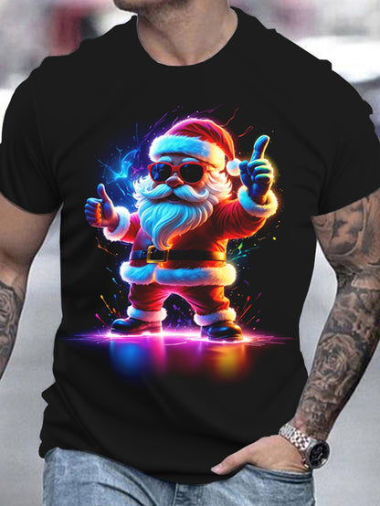 Men's 3D Printed Santa Claus T-shirt - Casual Round Neck Short Sleeved, Breathable Polyester Fiber, Suitable For Summer And Christmas Parties