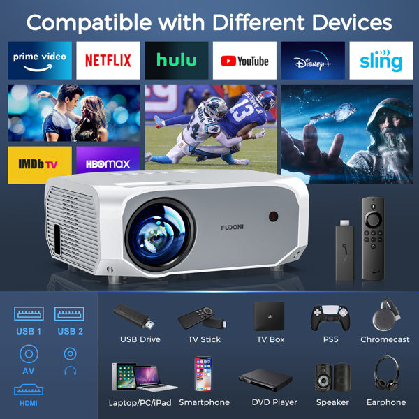 Projector with WiFi and Bluetooth - Native 1080P 5G WiFi 4K projector compatible with FUDONI 10000L Portable Outdoor with Screen; Home Theater Projector for iOS/Android/TV /Laptop(Shipment from FBA)