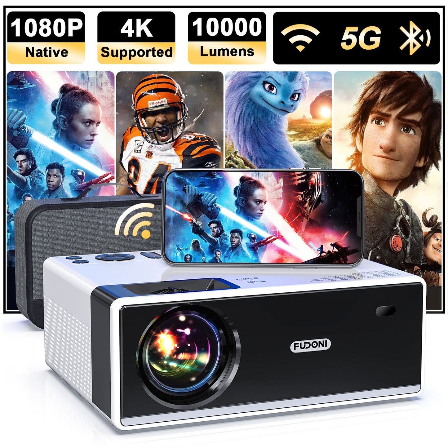 Projector with WiFi and Bluetooth;  5G WiFi Projector 4K Supported Native 1080P Full HD;  FUDONI 10000L Portable Projector;  50% Zoom 300" Display Outdoor Projector (shipment from FBA)