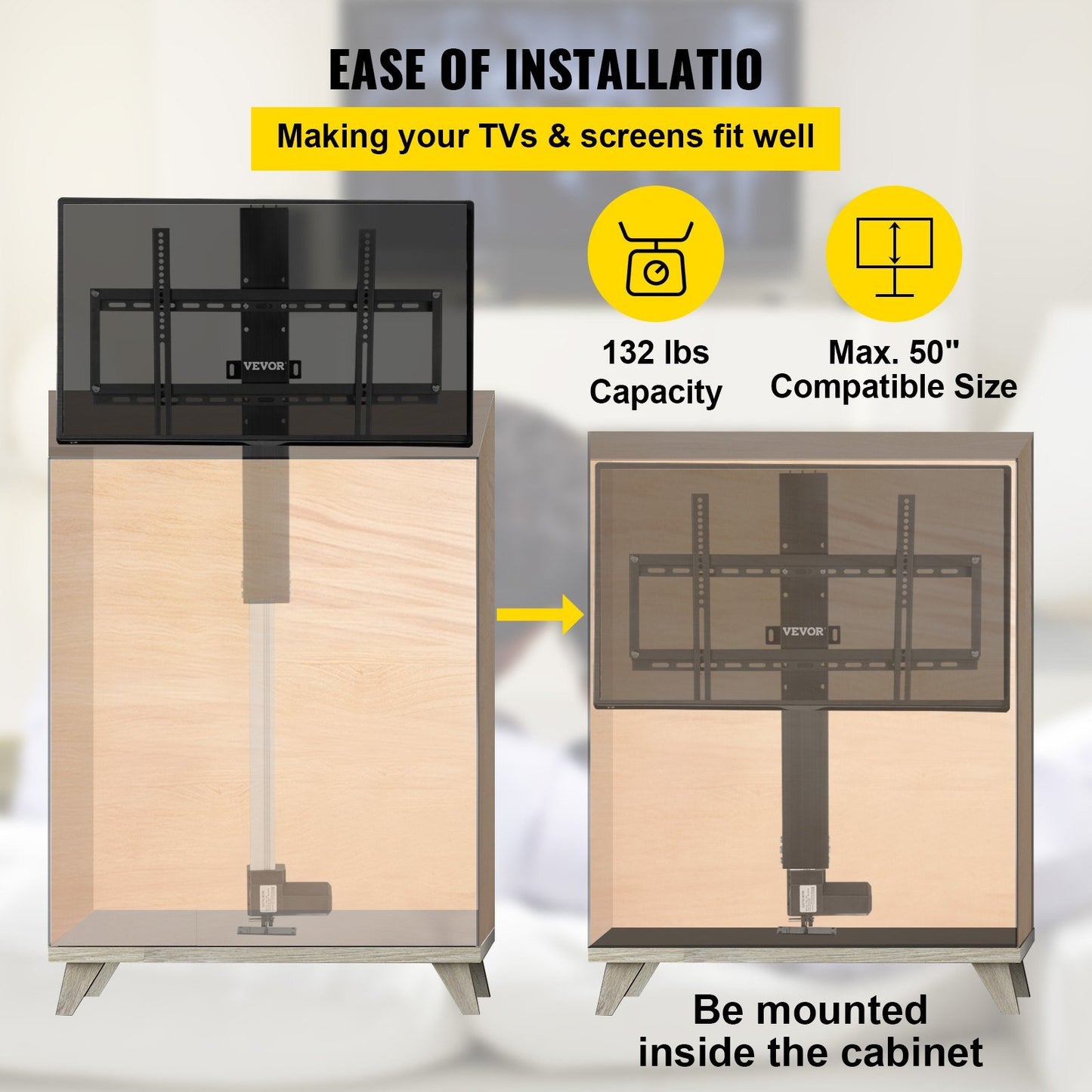 VEVOR Motorized TV Lift Stroke Length 28 Inches Motorized TV Mount Fit for Max.50 Inch TV Lift with Remote Control Height Adjustable 38-65 Inch,Load Capacity 132 Lbs