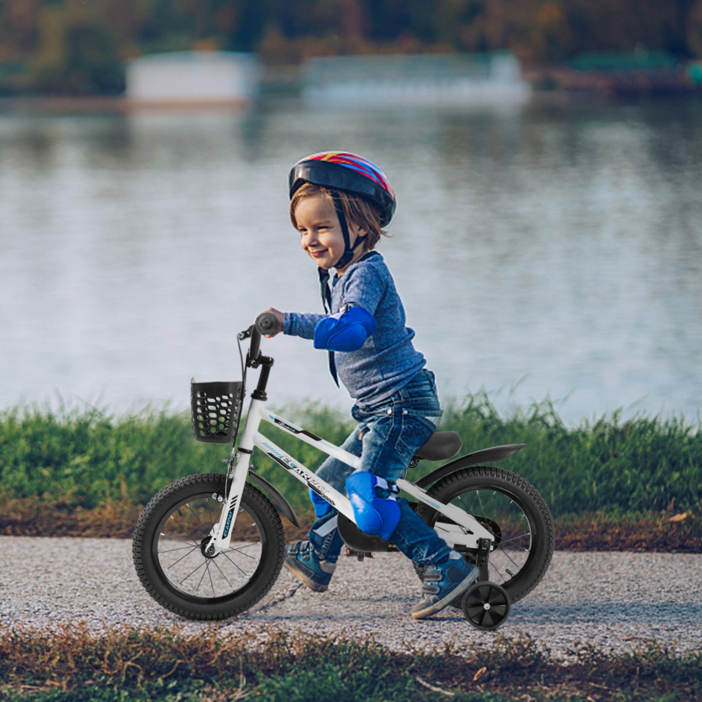 C16111A-Kids Bike 14 inch for Boys & Girls with Training Wheels, Freestyle Kids' Bicycle with Bell,Basket and fender.