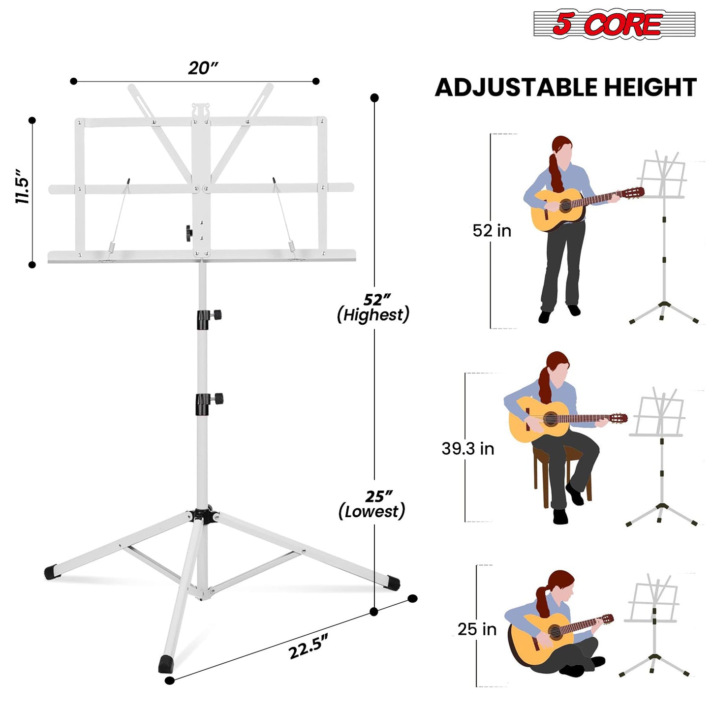 5Core Music Stand For Sheet Music Portable Tripod Adjustable Folding Note Holder - MUS FLD WH