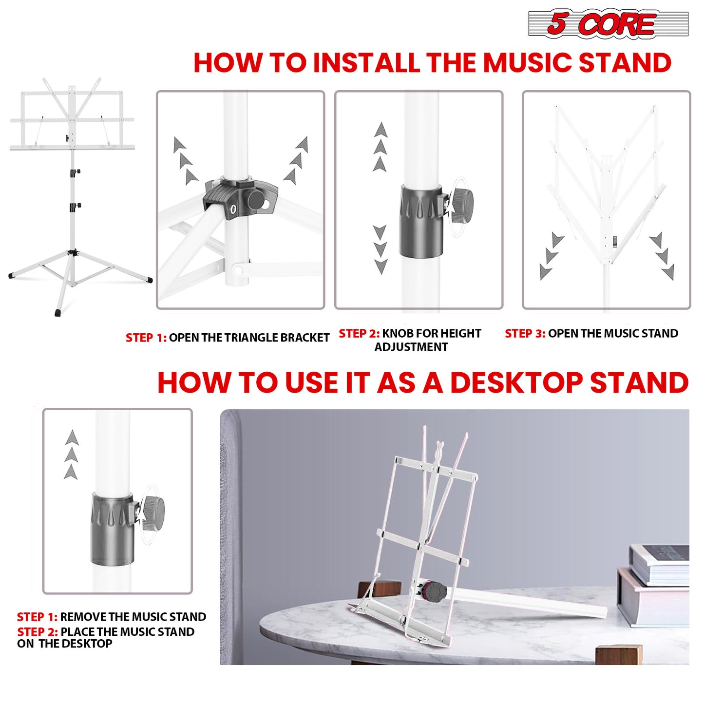 5Core Music Stand For Sheet Music Portable Tripod Adjustable Folding Note Holder - MUS FLD WH