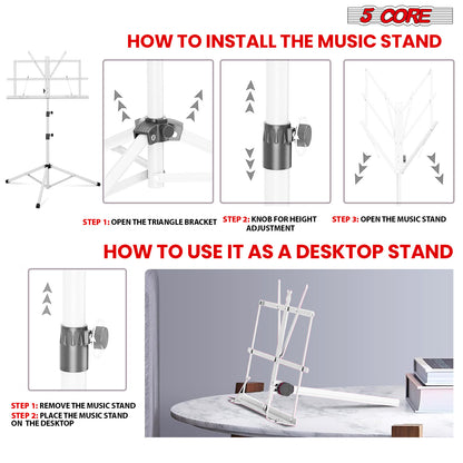 5Core Music Stand For Sheet Music Portable Tripod Adjustable Folding Note Holder - MUS FLD WH