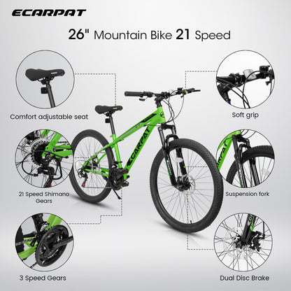 A2610 26 inch Mountain Bike 21 Speeds, Suspension Fork, Steel Frame Disc-Brake for Men Women Bicycle Adlut Bike