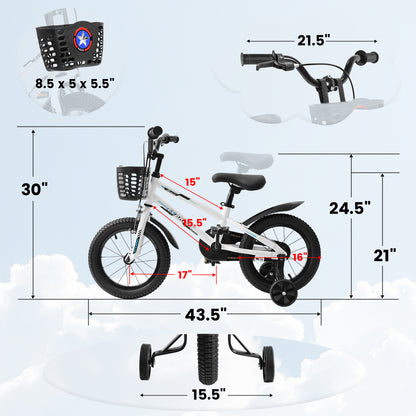 C16111A-Kids Bike 14 inch for Boys & Girls with Training Wheels, Freestyle Kids' Bicycle with Bell,Basket and fender.