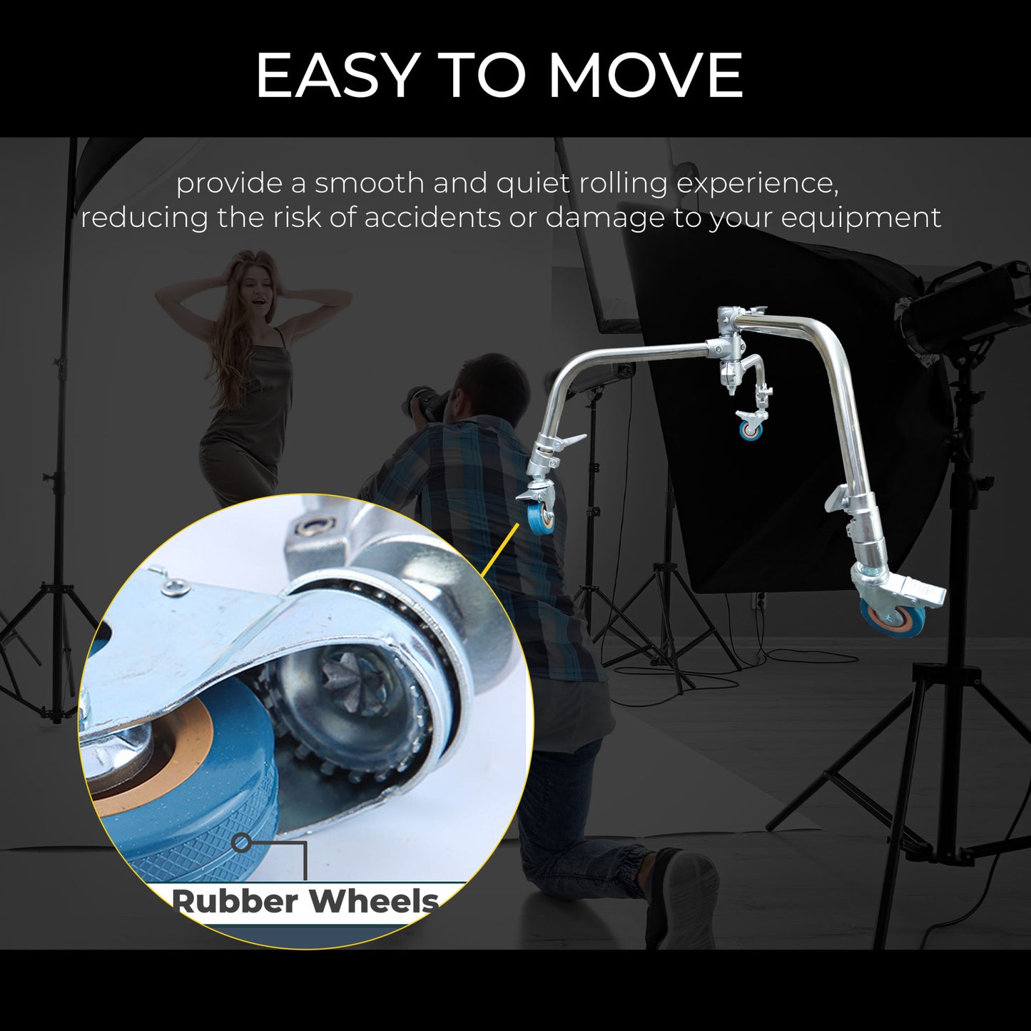 Professional Swivel Caster Wheels Set, Heavy Duty Photography C Stand Rolling Metal Rubber Wheels with Brake for Photo Video Studio Shooting, Foldable Light Stand Tripod PU Light Stand Wheel