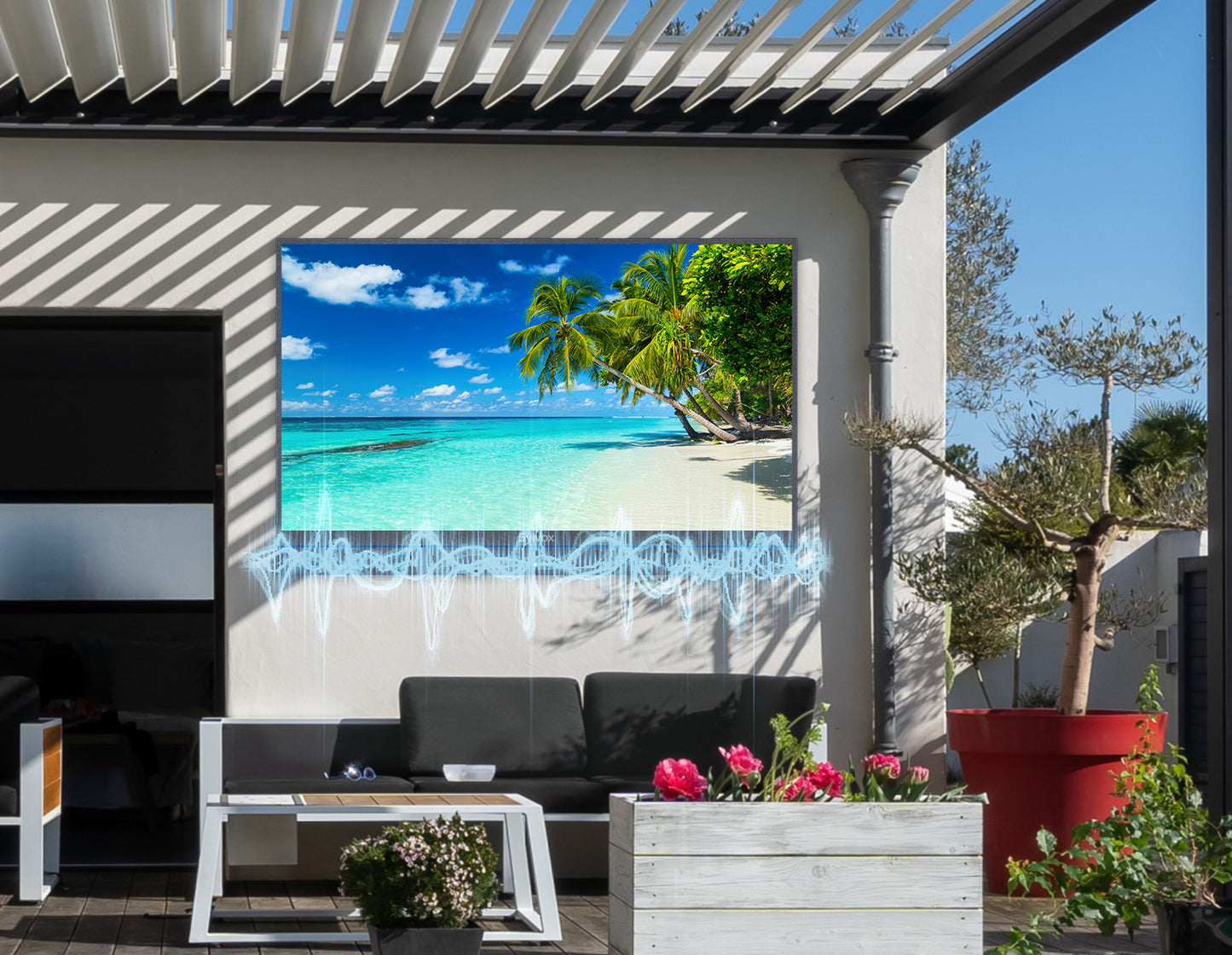 SYLVOX 65inch Outdoor TV, All-in-one Android Smart TV With Audio System, 4K UHD1000 Nits Partial Sun Outdoor Television, IP55Waterproof (Garden Series)