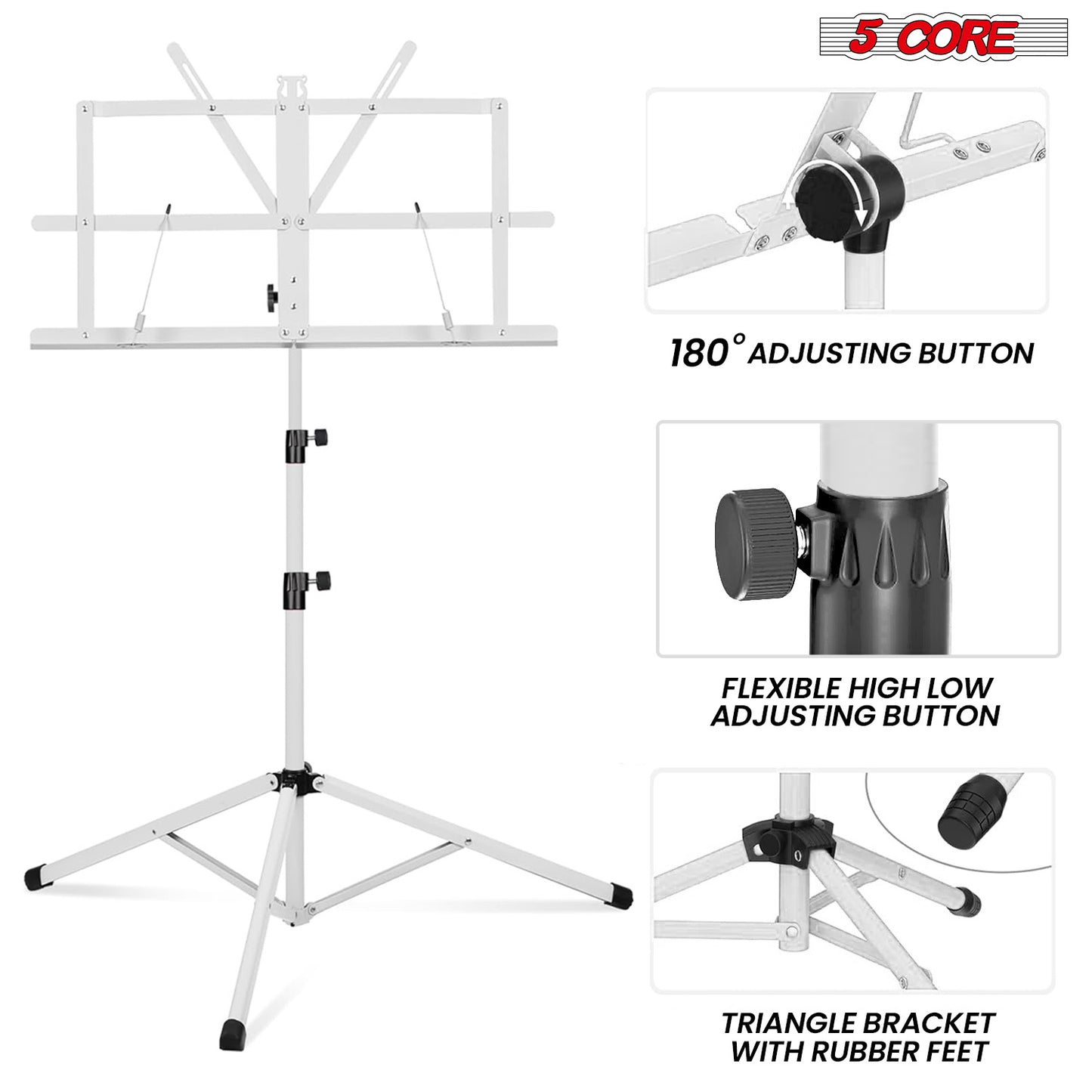 5Core Music Stand For Sheet Music Portable Tripod Adjustable Folding Note Holder - MUS FLD WH