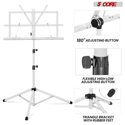 5Core Music Stand For Sheet Music Portable Tripod Adjustable Folding Note Holder - MUS FLD WH