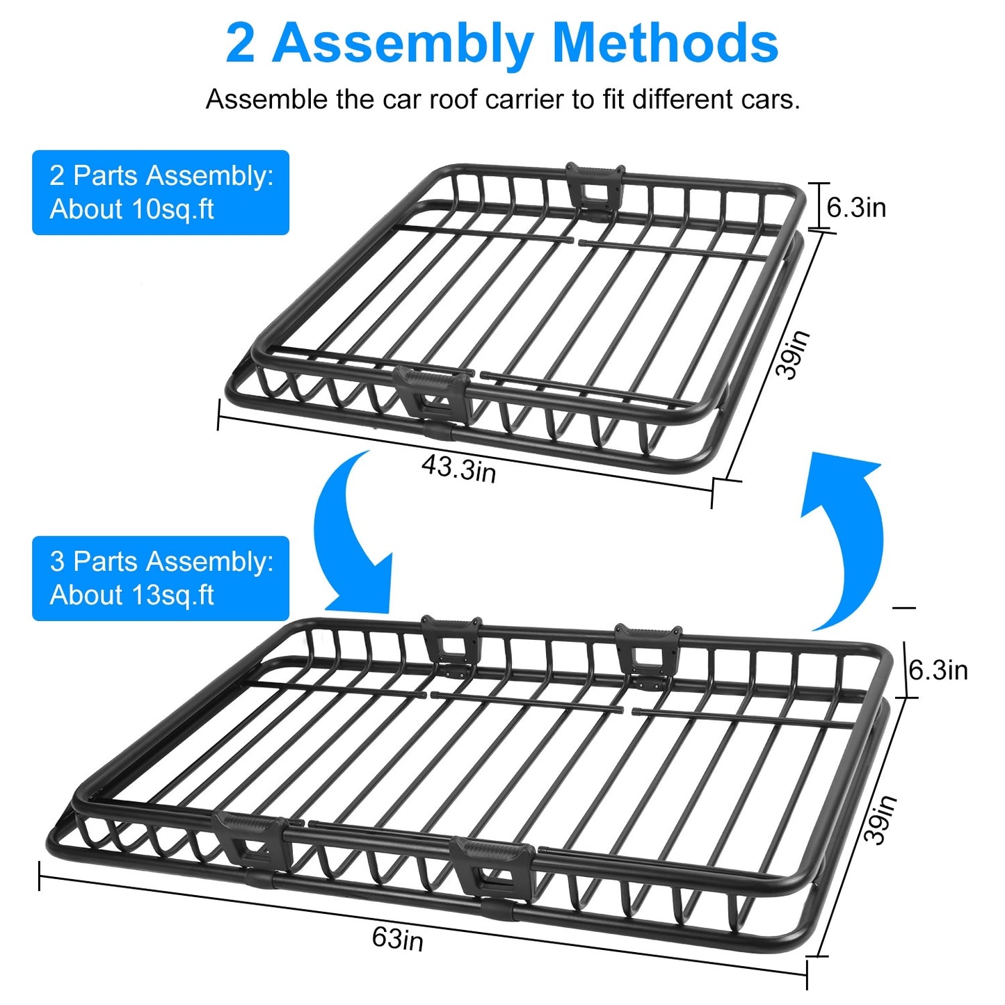 63x39x6.3in Universal Roof Rack Cargo Carrier Car Top Luggage Holder Basket with Hook Strap Elastic Net