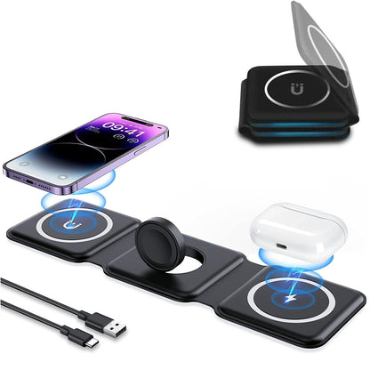 15W Fast Charging,3 in 1 Wireless Charger for iPhone and Android, Magnetic Foldable and Portable Charging Station