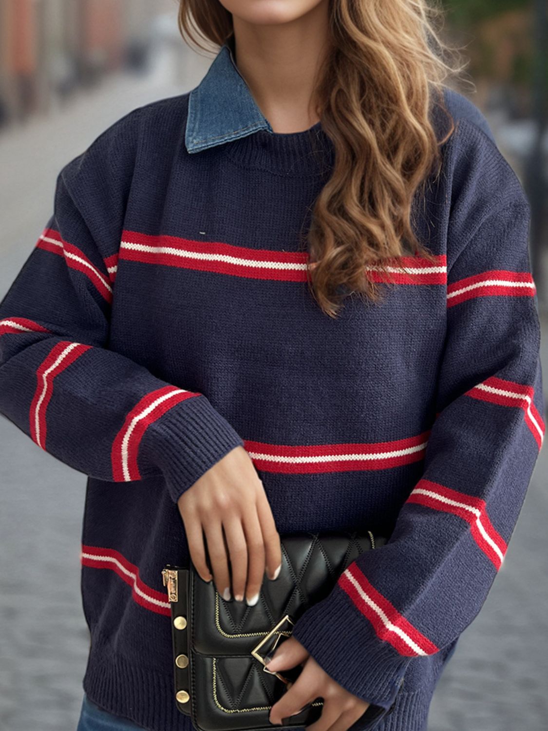 Contrast Stripes Round Neck Long Sleeve Sweater