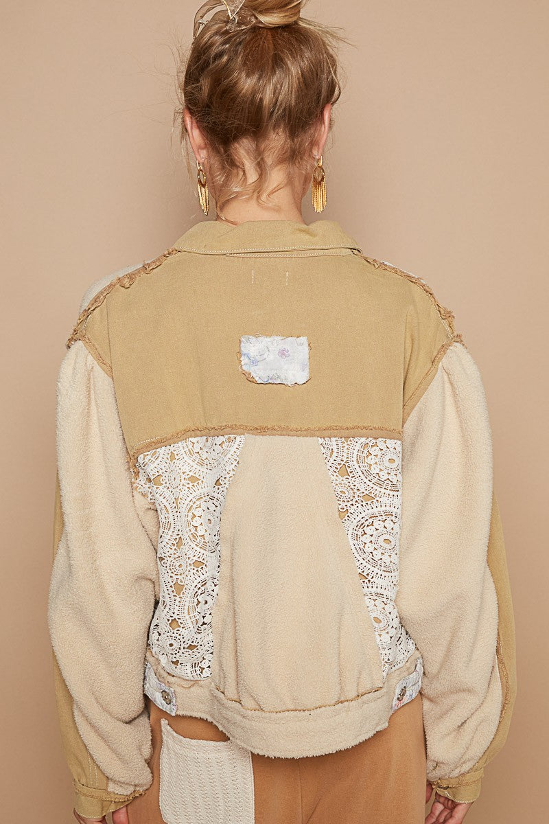 POL Crochet Patch Exposed Seam Button Up Jacket